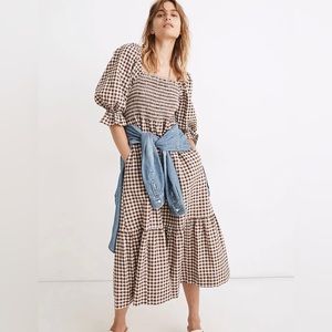 Madewell Lucie Elbow-Sleeve Smocked Midi Dress in Gingham in XXS